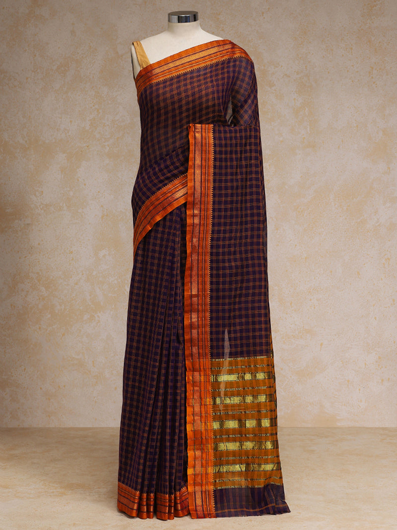 Purple Check Cotton Silk Kanchi Chettinad Saree With Zari Border-Binks