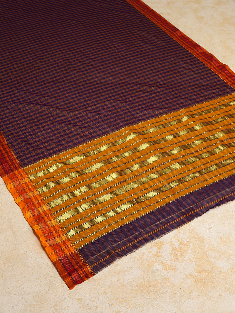 Purple Check Cotton Silk Kanchi Chettinad Saree With Zari Border-Binks