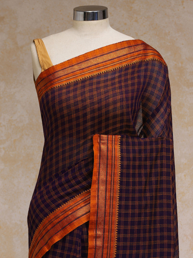 Purple Check Cotton Silk Kanchi Chettinad Saree With Zari Border-Binks