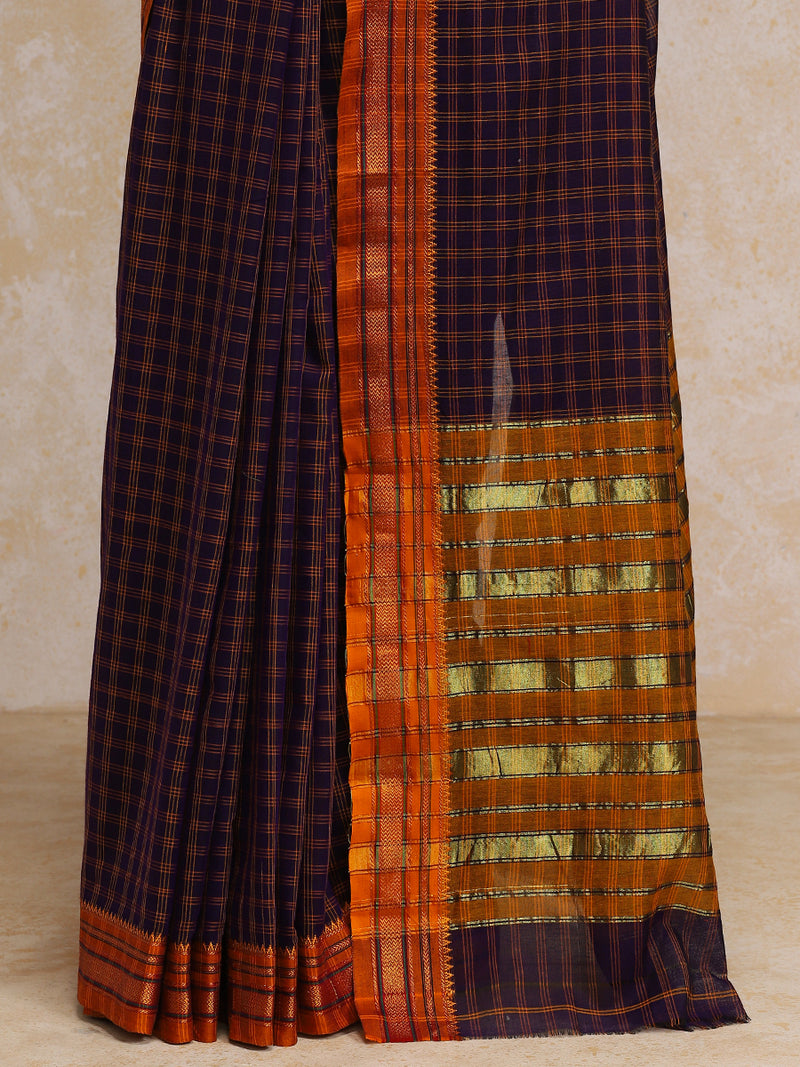 Purple Check Cotton Silk Kanchi Chettinad Saree With Zari Border-Binks