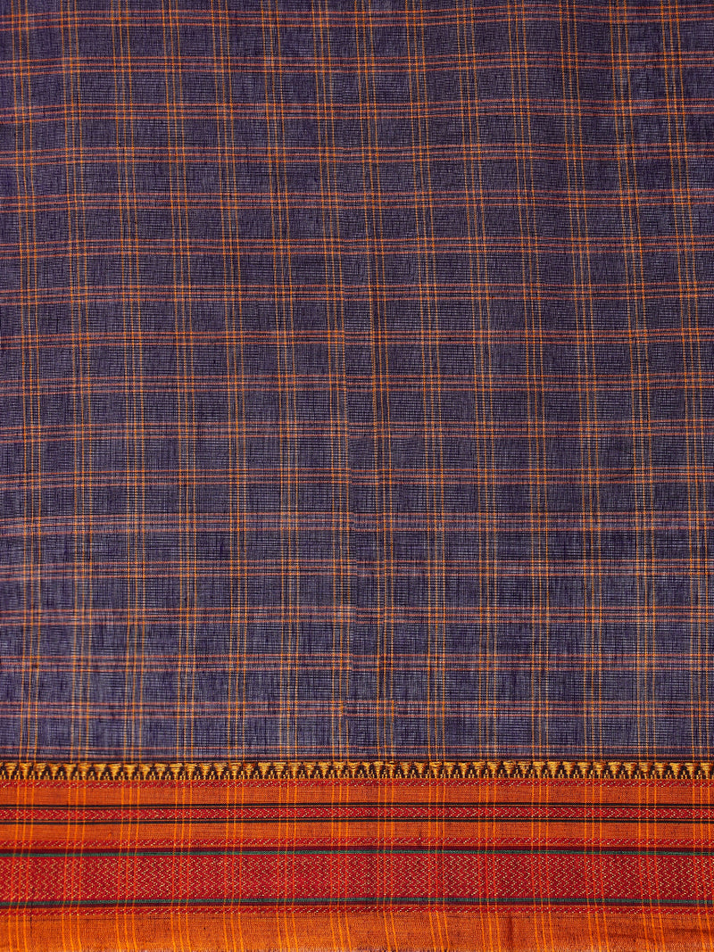 Purple Check Cotton Silk Kanchi Chettinad Saree With Zari Border-Binks