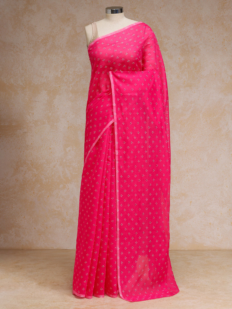 Bright Pink Cotton Saree With White Butti Print-Binks