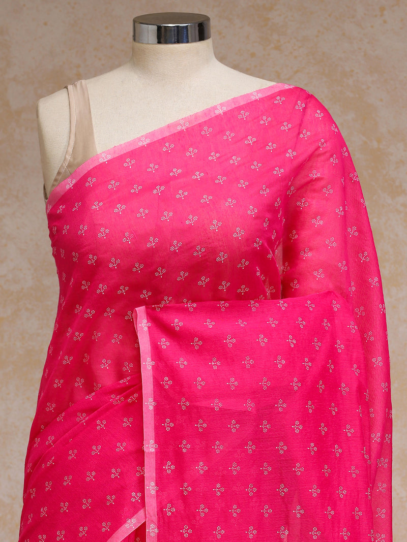 Bright Pink Cotton Saree With White Butti Print-Binks