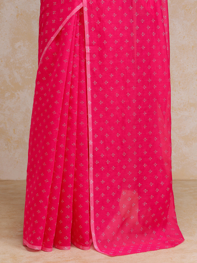 Bright Pink Cotton Saree With White Butti Print-Binks