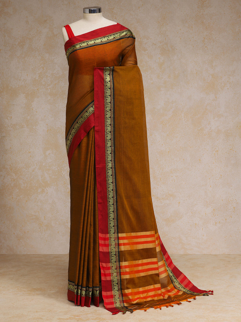 Burnt Ochre Elephant Border Handloom Cotton Narayanpet Saree-Binks