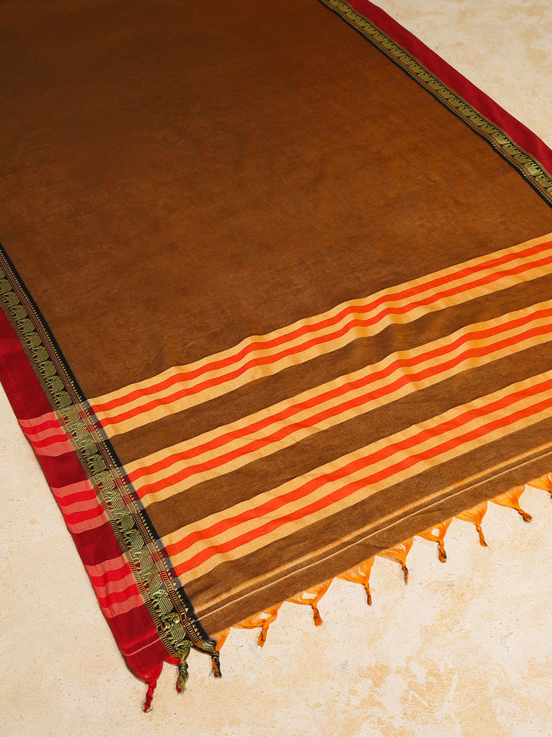Burnt Ochre Elephant Border Handloom Cotton Narayanpet Saree-Binks