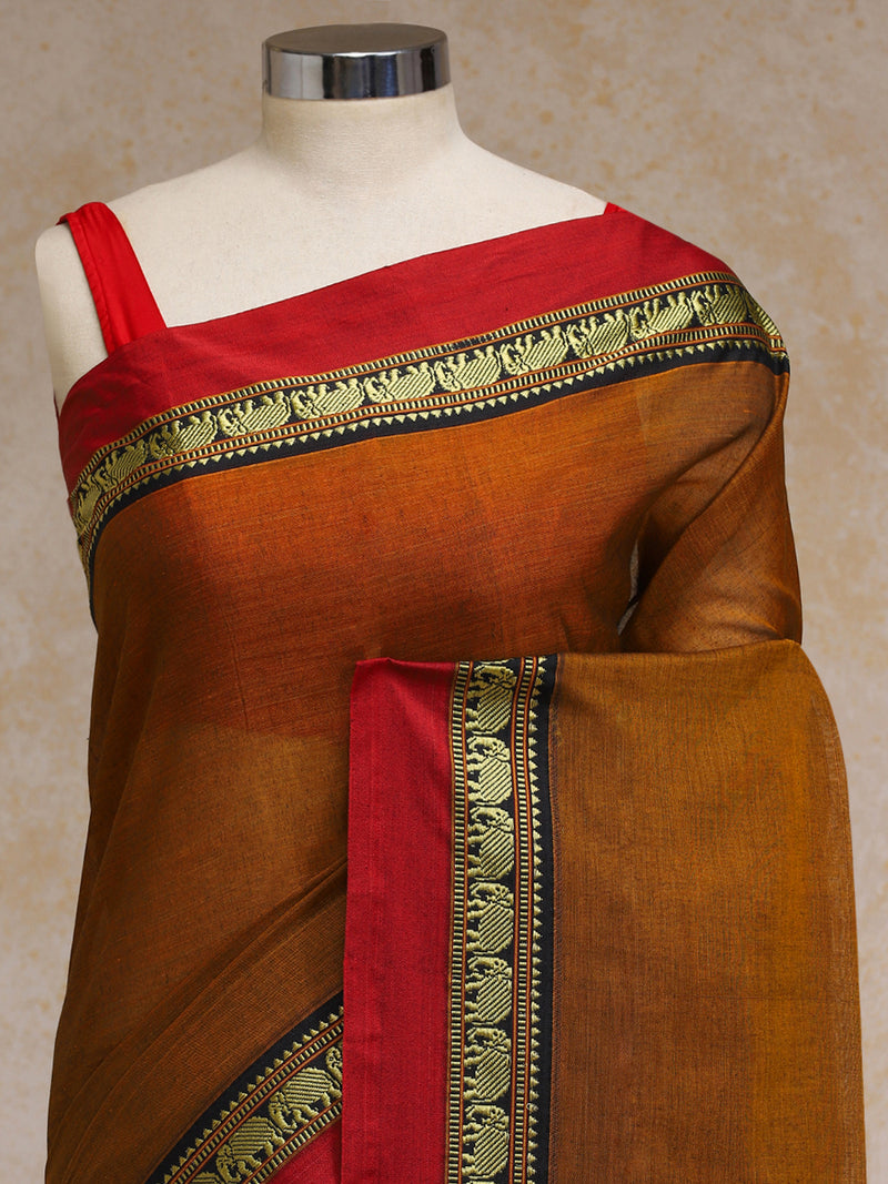 Burnt Ochre Elephant Border Handloom Cotton Narayanpet Saree-Binks