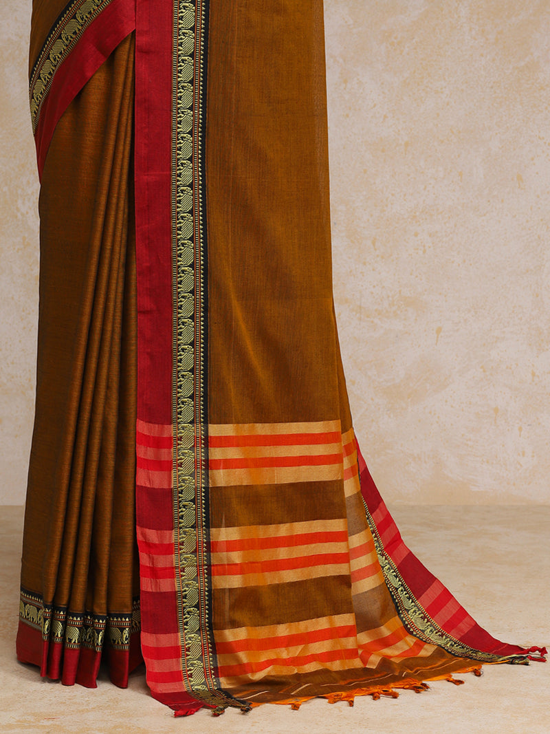 Burnt Ochre Elephant Border Handloom Cotton Narayanpet Saree-Binks