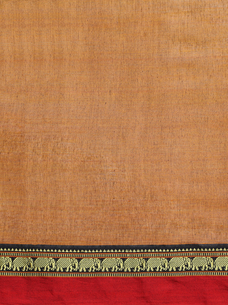 Burnt Ochre Elephant Border Handloom Cotton Narayanpet Saree-Binks