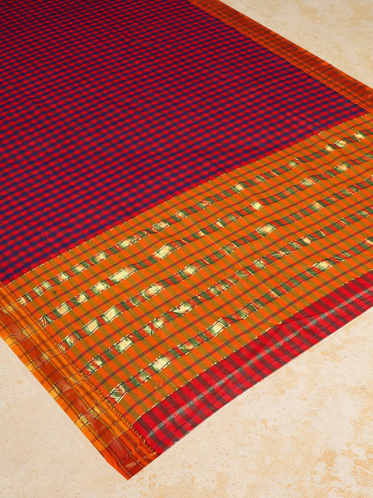 Blue-Red Check Cotton Silk Kanchi Chettinad Saree With Zari Border, in Blue Cotton Silk, made for daily & work (view 2).