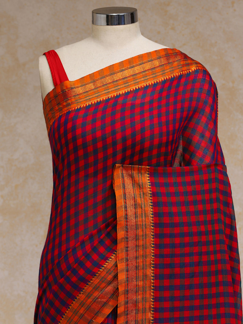 Blue-Red Check Cotton Silk Kanchi Chettinad Saree With Zari Border-Binks