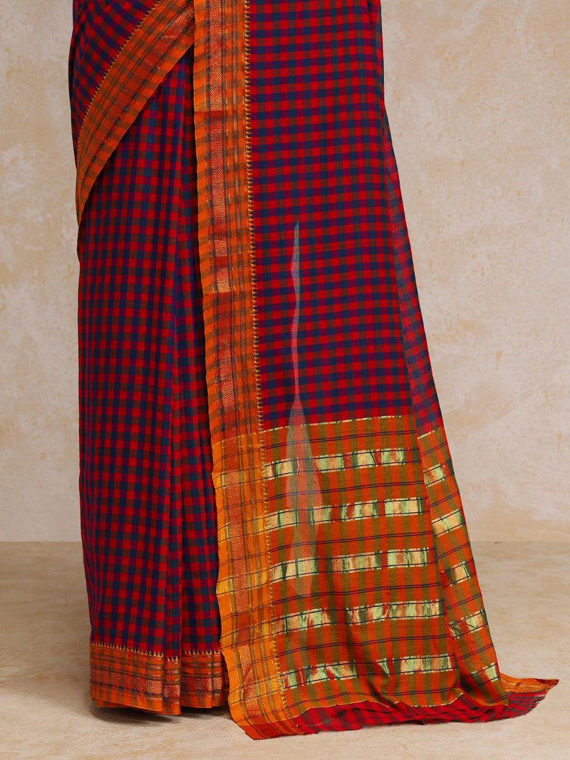 Blue-Red Check Cotton Silk Kanchi Chettinad Saree With Zari Border-Binks
