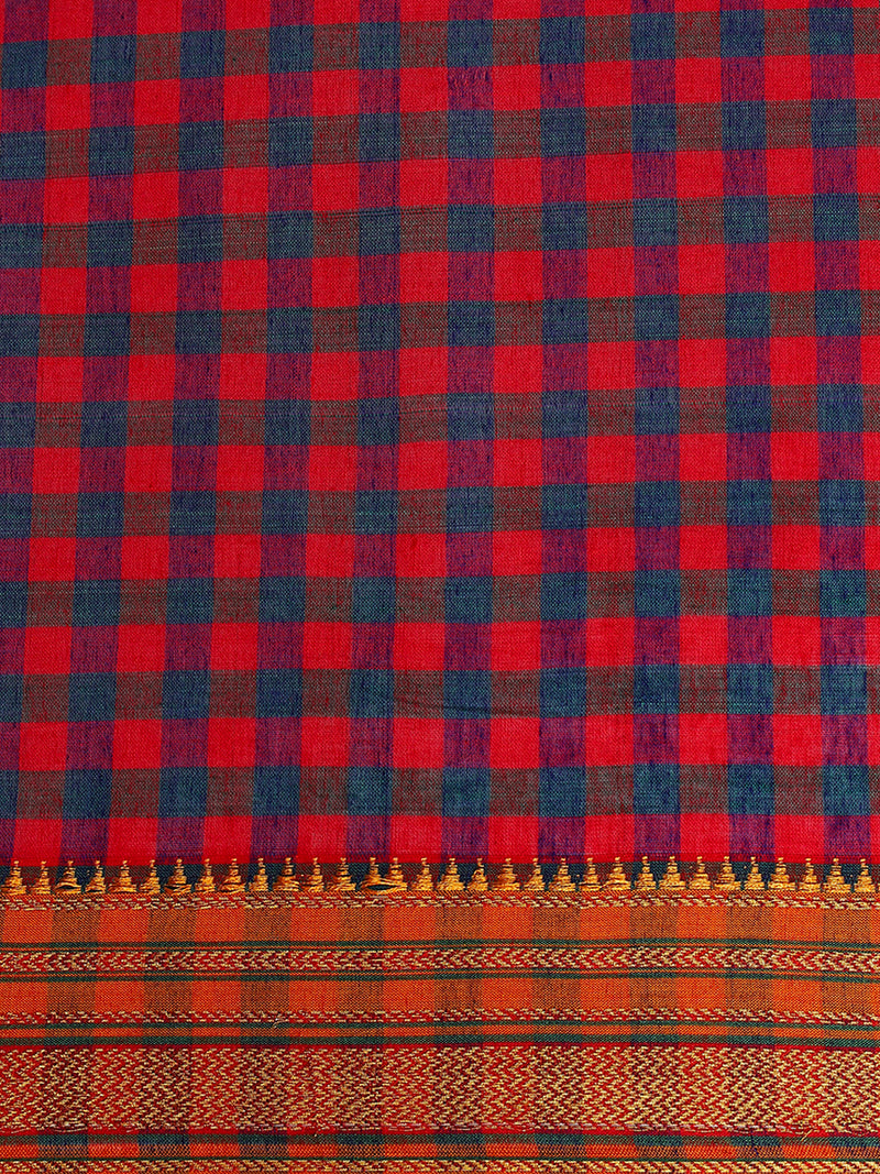 Blue-Red Check Cotton Silk Kanchi Chettinad Saree With Zari Border-Binks