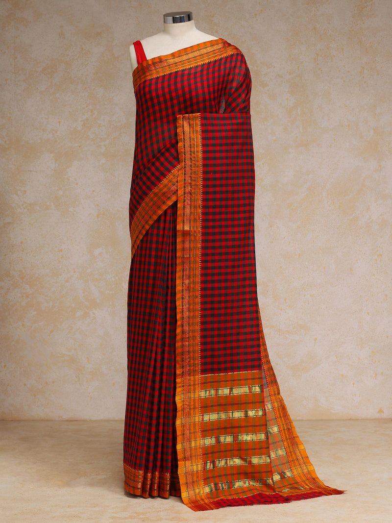 Black-Red Check Cotton Silk Kanchi Chettinad Saree With Zari Border-Binks