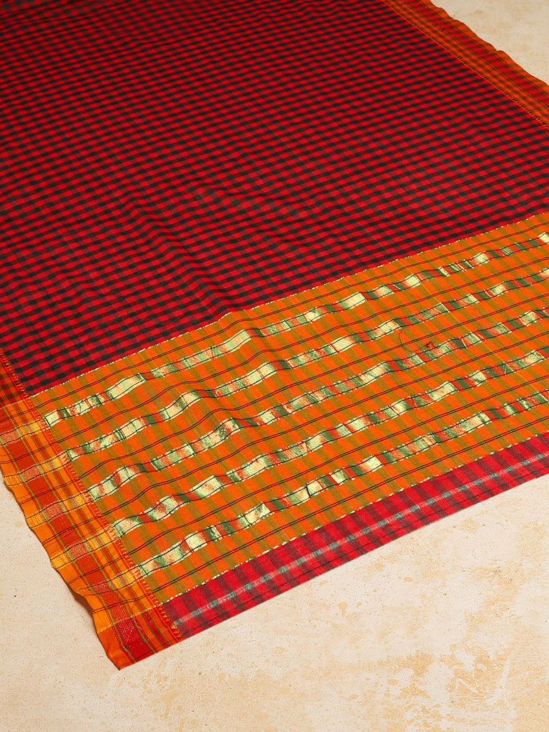 Black-Red Check Cotton Silk Kanchi Chettinad Saree With Zari Border-Binks
