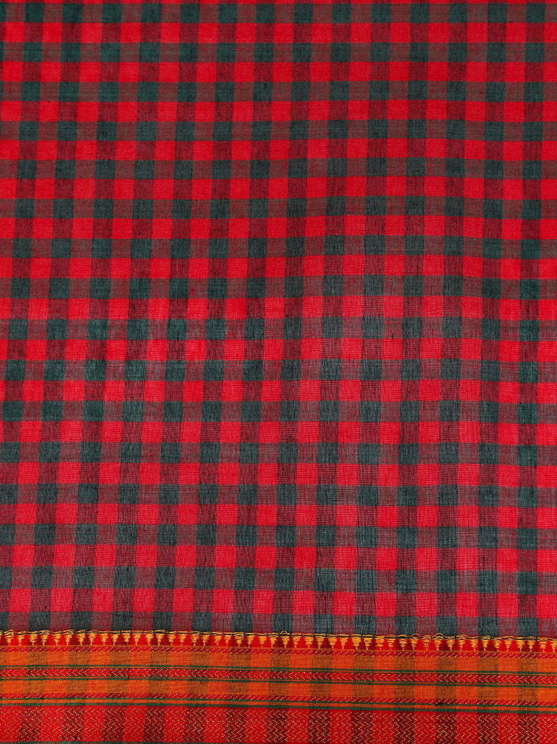 Black-Red Check Cotton Silk Kanchi Chettinad Saree With Zari Border-Binks
