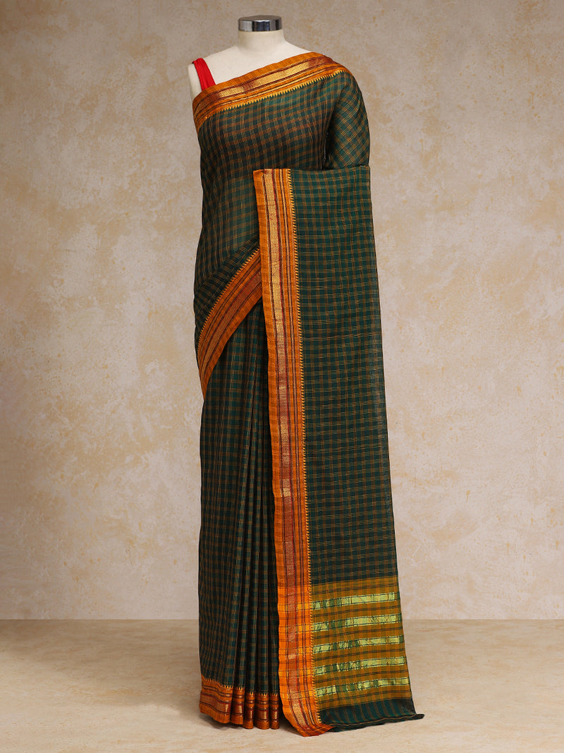 Green Check Cotton Silk Kanchi Chettinad Saree With Zari Border-Binks