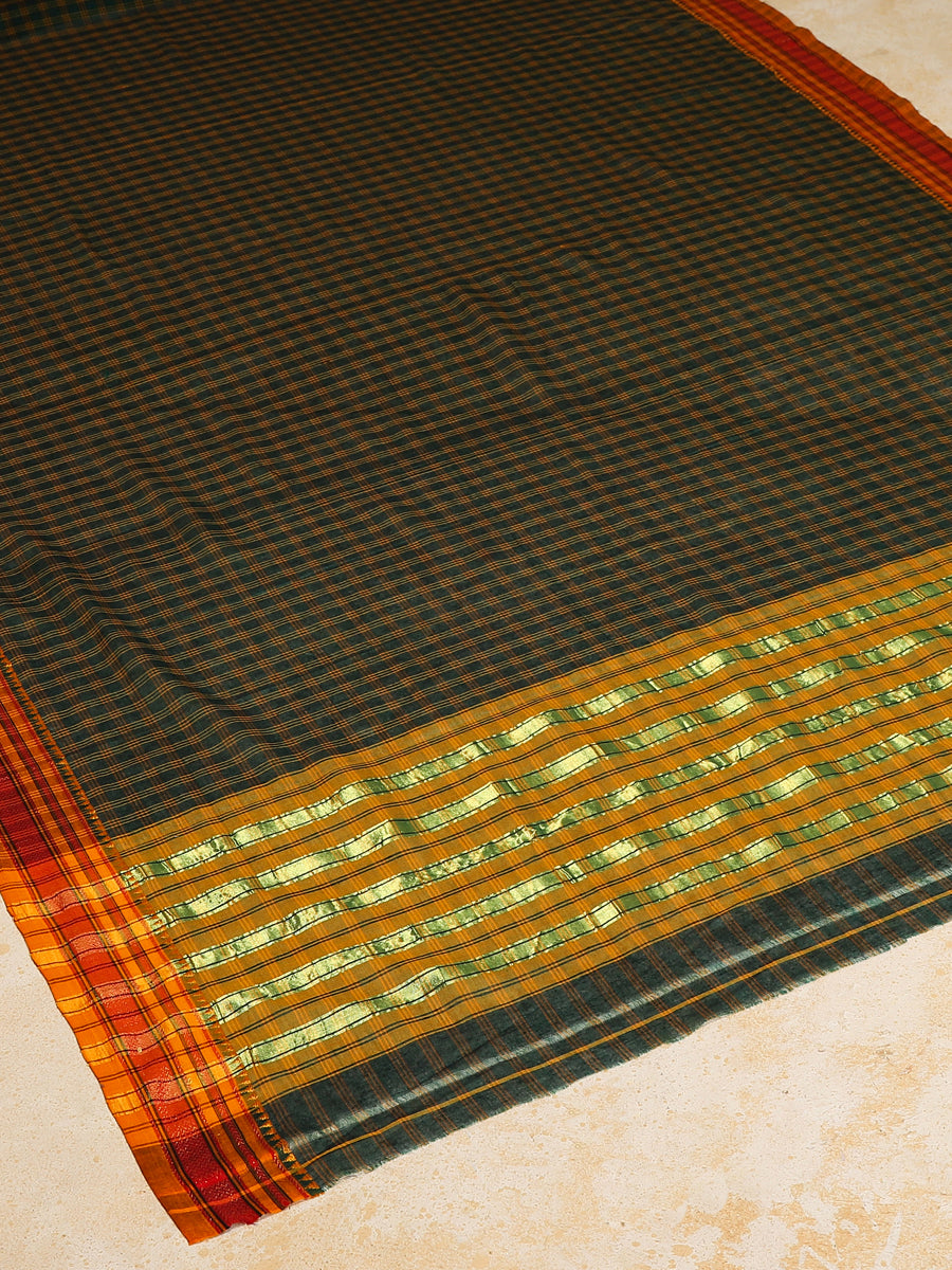 Green Check Cotton Silk Kanchi Chettinad Saree With Zari Border, in Green Cotton Silk, made for daily & work (view 2).