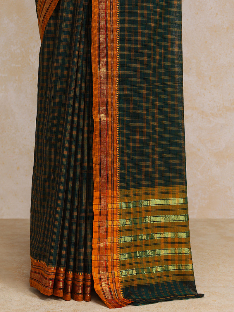 Green Check Cotton Silk Kanchi Chettinad Saree With Zari Border-Binks