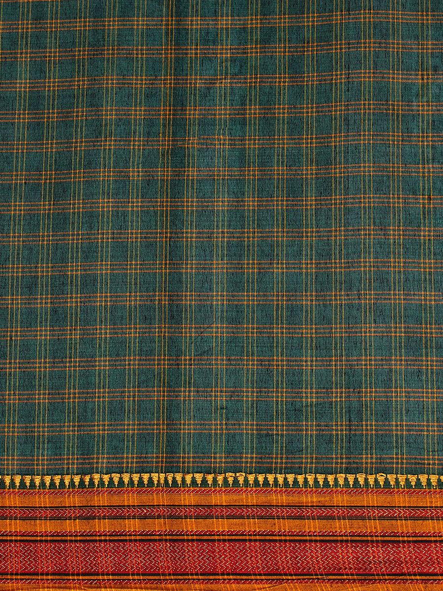 Green Check Cotton Silk Kanchi Chettinad Saree With Zari Border, in Green Cotton Silk, made for daily & work (view 5).
