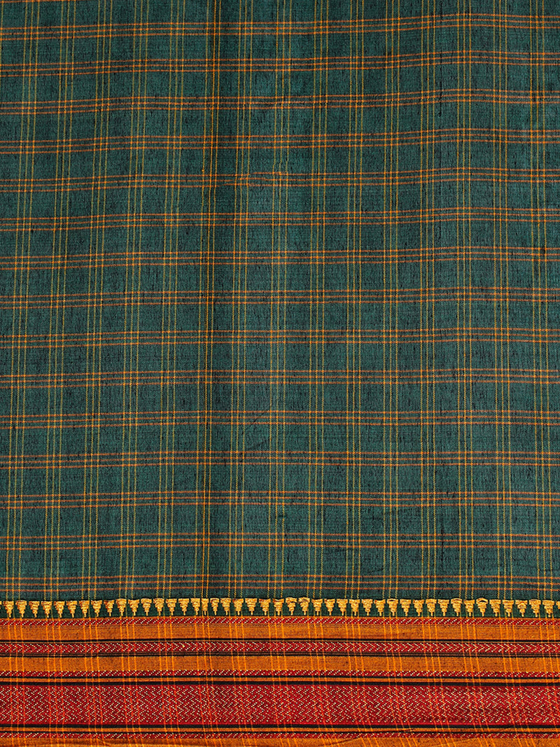 Green Check Cotton Silk Kanchi Chettinad Saree With Zari Border-Binks