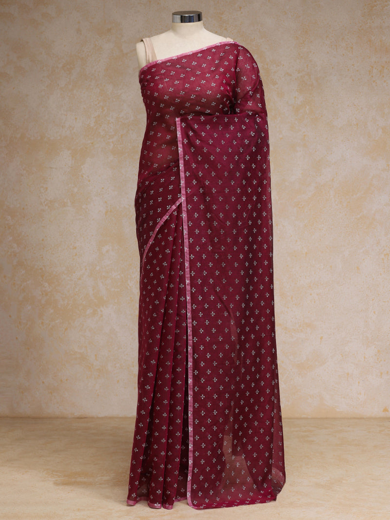 Deep Plum Cotton Saree With White Butti Print-Binks
