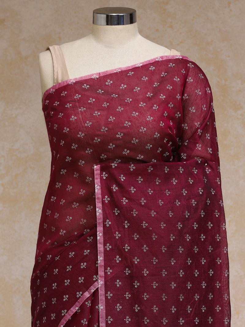 Deep Plum Cotton Saree With White Butti Print-Binks