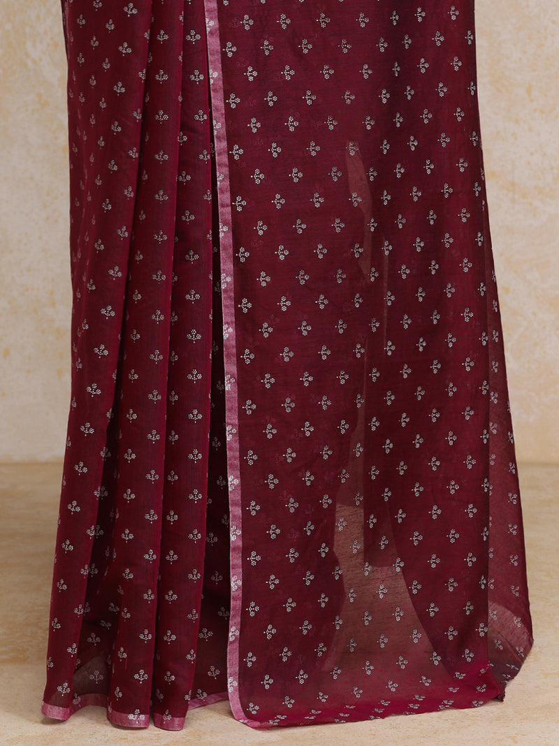 Deep Plum Cotton Saree With White Butti Print-Binks