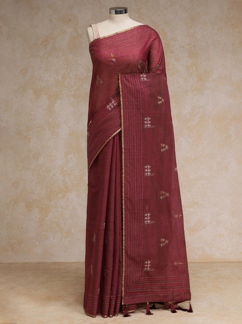 Maroon Kantha Embroidered Cotton Saree-Binks