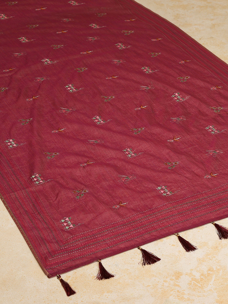 Maroon Kantha Embroidered Cotton Saree-Binks