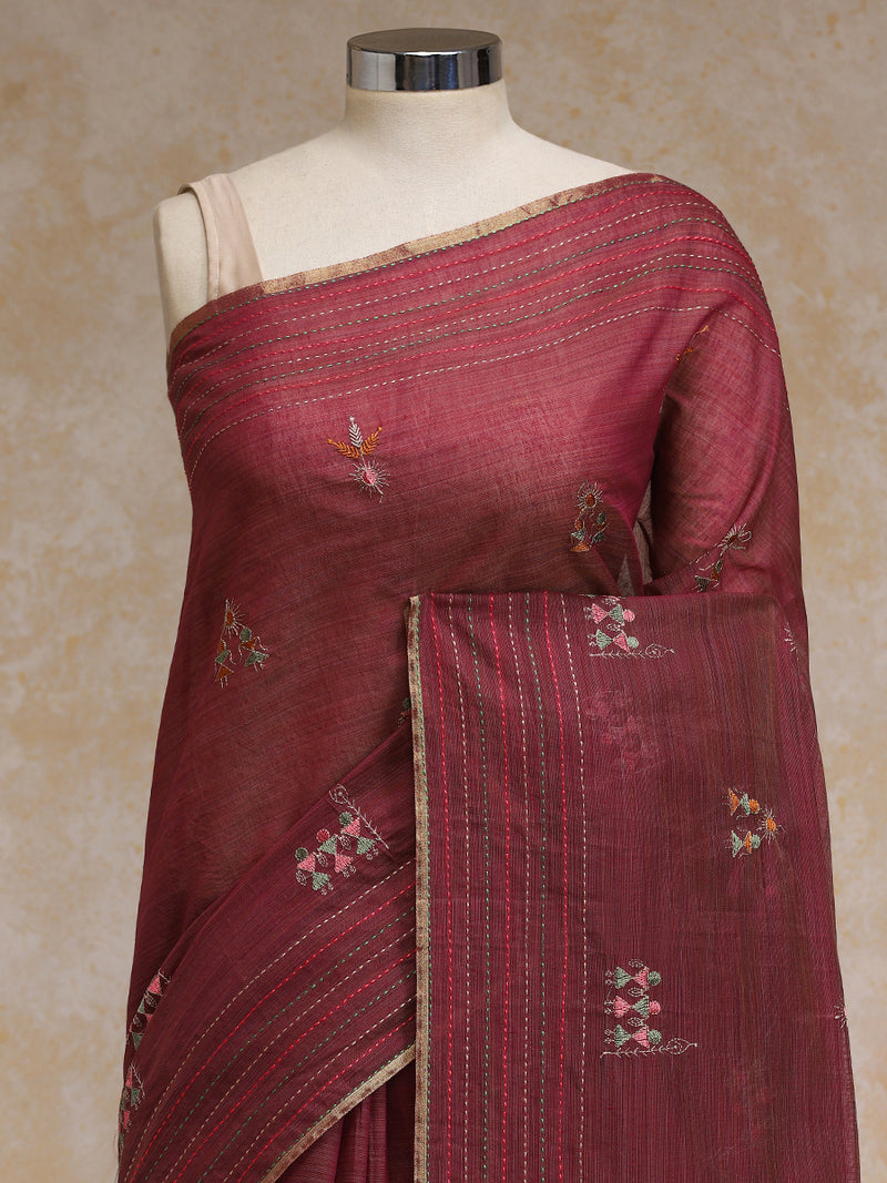 Maroon Kantha Embroidered Cotton Saree-Binks