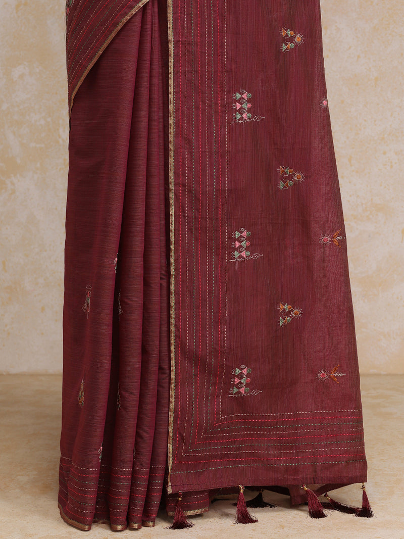 Maroon Kantha Embroidered Cotton Saree-Binks