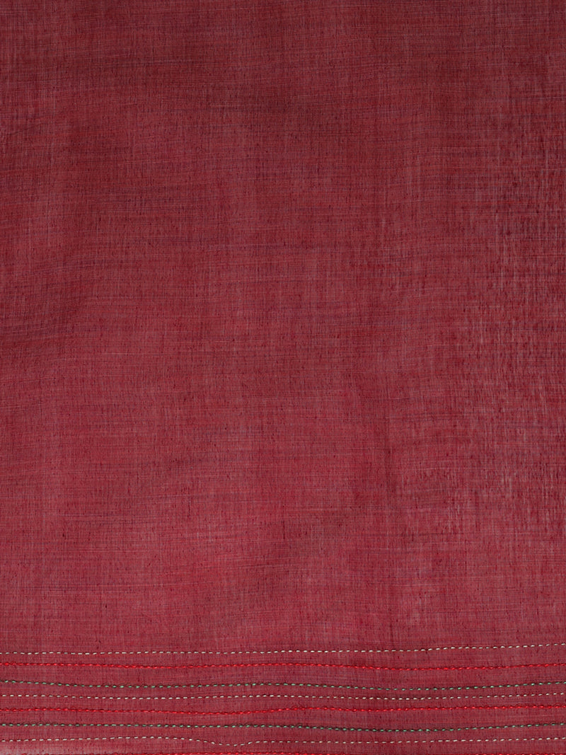 Maroon Kantha Embroidered Cotton Saree-Binks