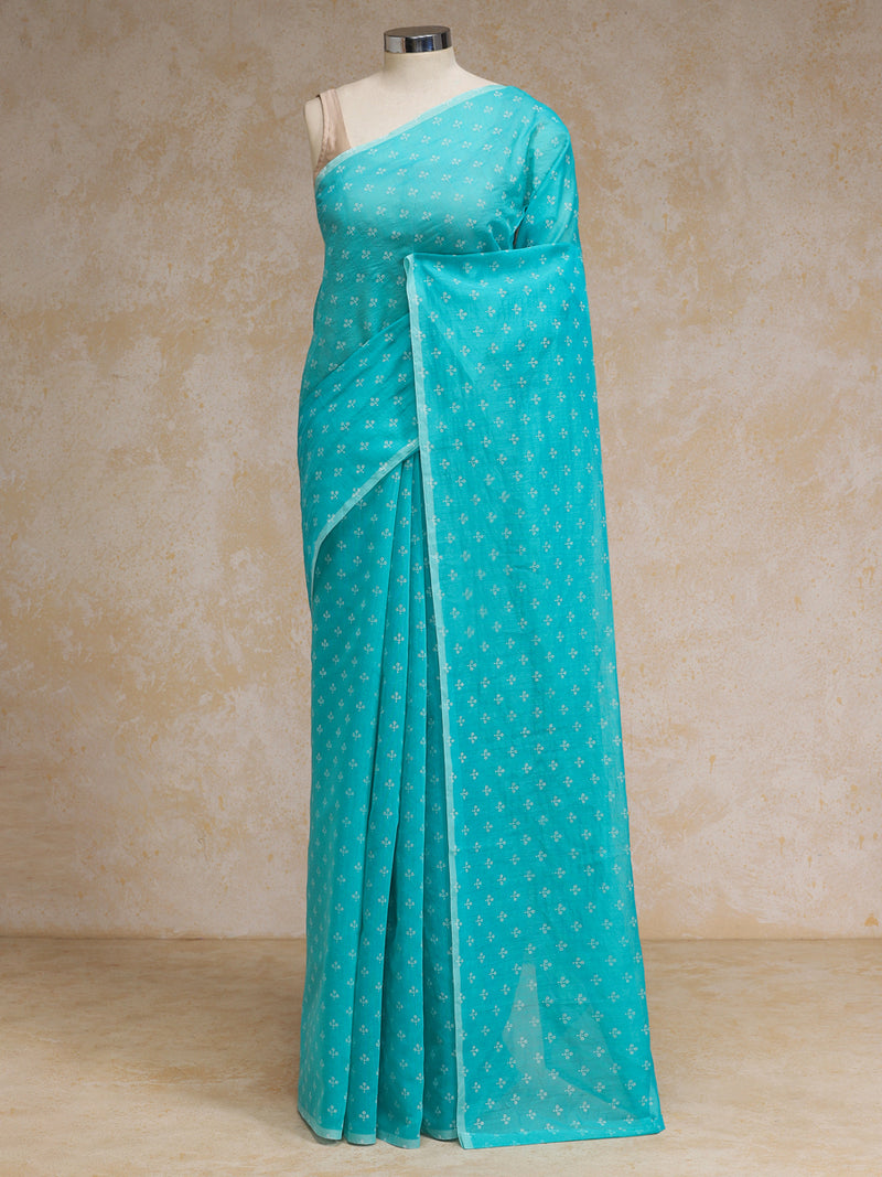 Aqua Blue Cotton Saree With White Butti Print-Binks