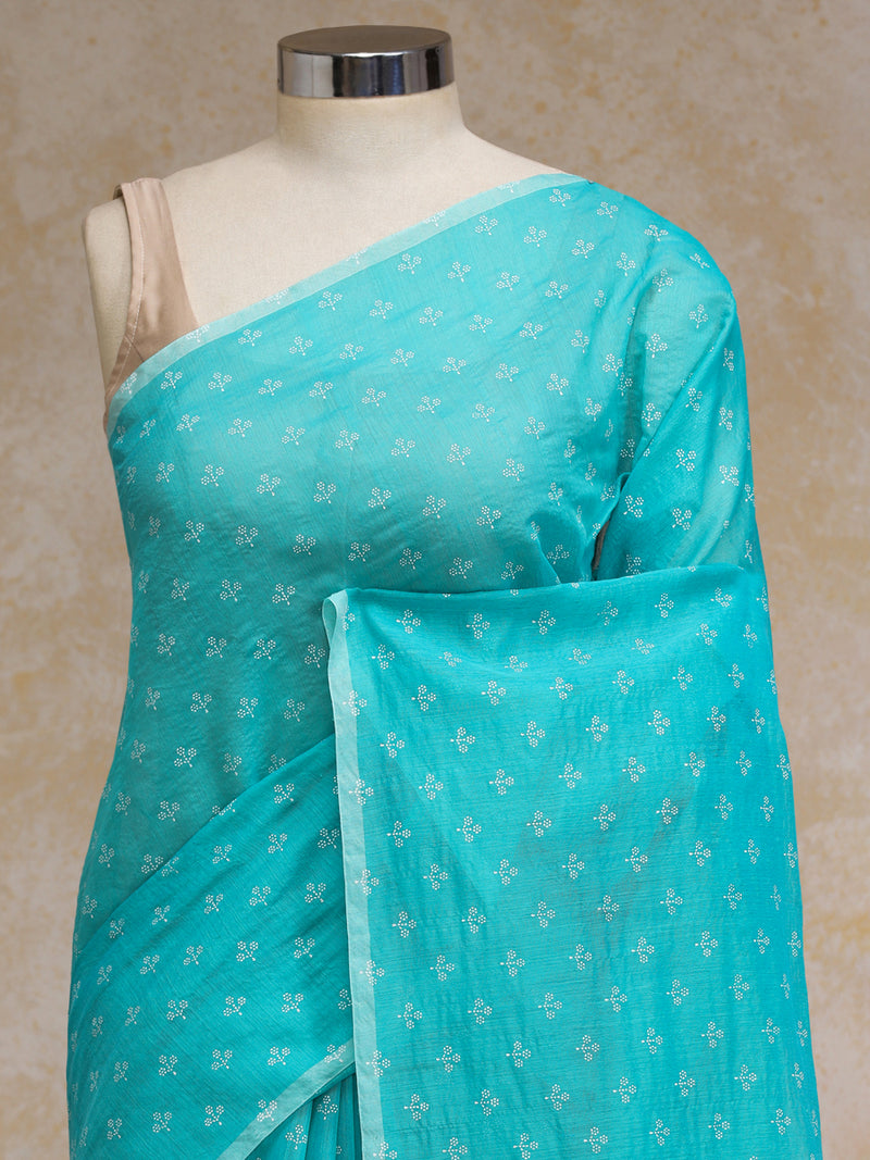 Aqua Blue Cotton Saree With White Butti Print-Binks
