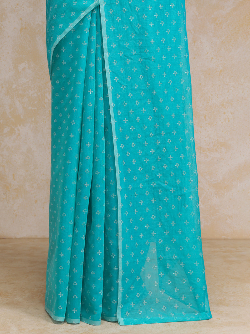 Aqua Blue Cotton Saree With White Butti Print-Binks