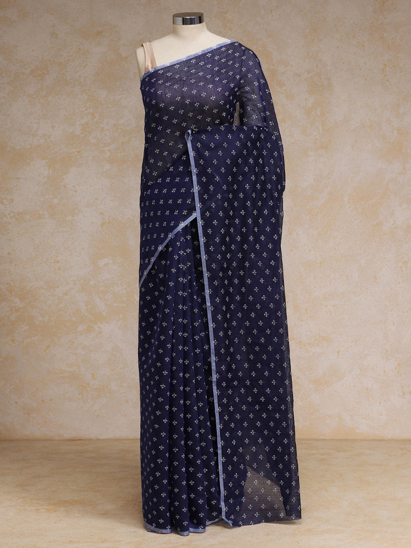 Navy Blue Cotton Saree With White Butti Print-Binks