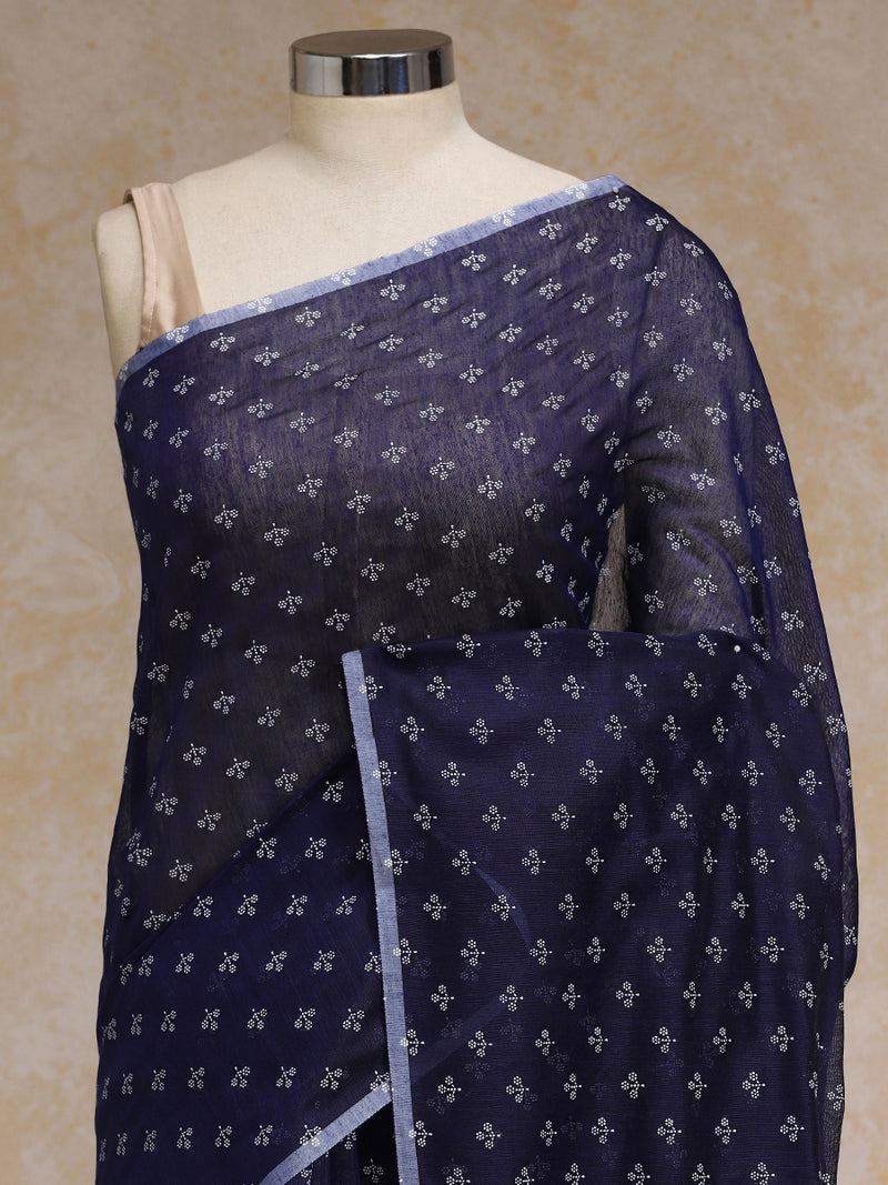 Navy Blue Cotton Saree With White Butti Print-Binks