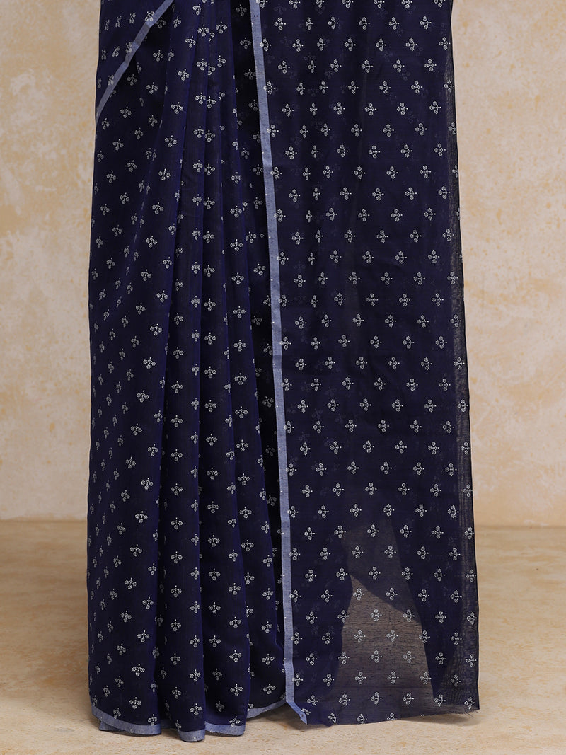 Navy Blue Cotton Saree With White Butti Print-Binks