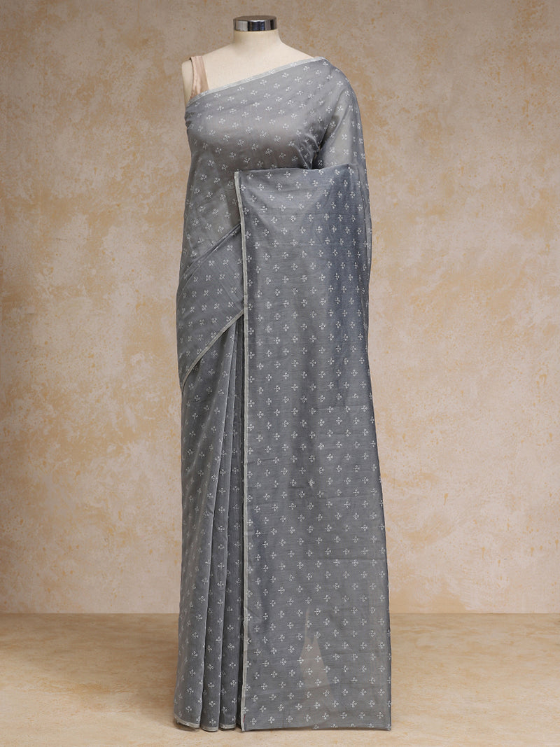 Grey Cotton Saree With White Butti Print-Binks