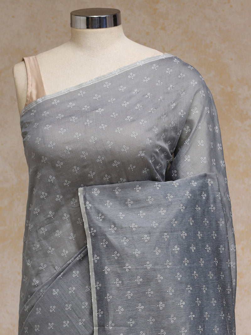 Grey Cotton Saree With White Butti Print-Binks