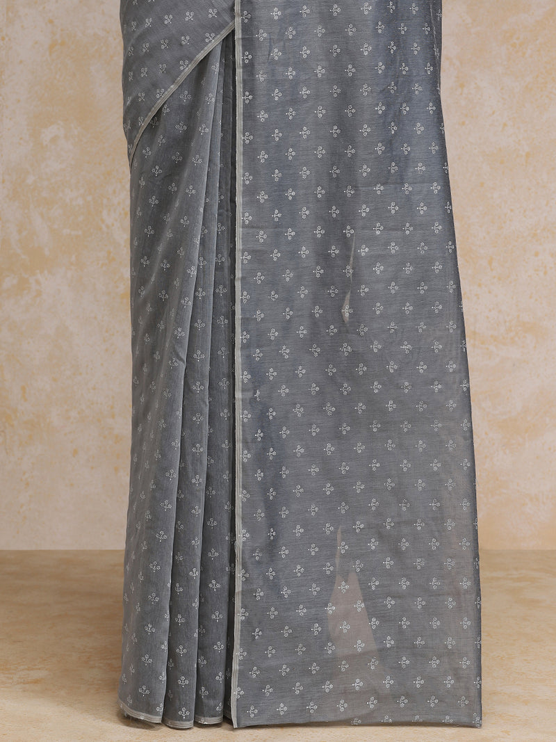 Grey Cotton Saree With White Butti Print-Binks
