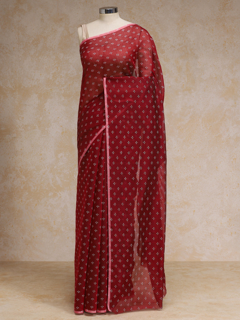 Crimson Red Cotton Saree With White Butti Print-Binks