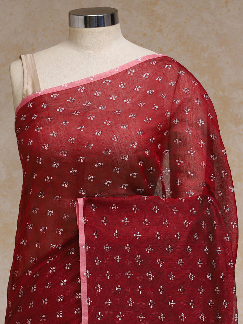 Crimson Red Cotton Saree With White Butti Print-Binks