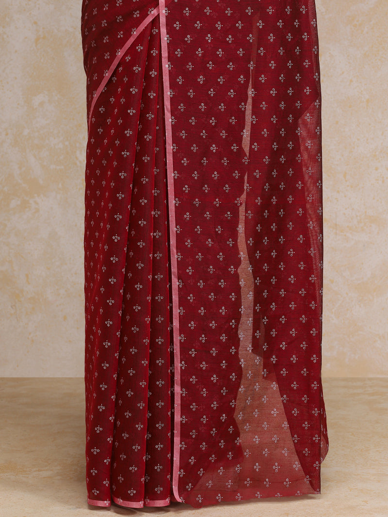 Crimson Red Cotton Saree With White Butti Print-Binks