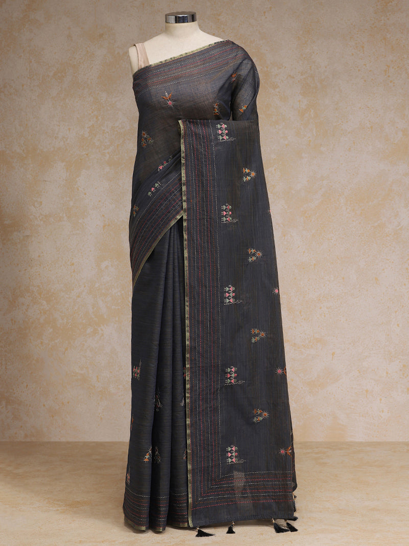 Stone Grey Kantha Embroidered Cotton Saree-Binks