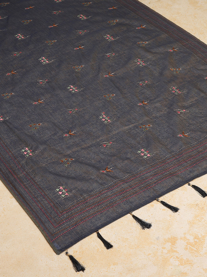 Stone Grey Kantha Embroidered Cotton Saree-Binks