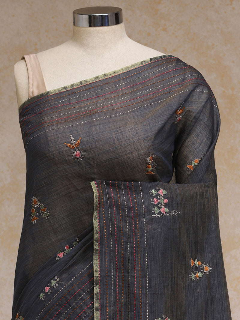 Stone Grey Kantha Embroidered Cotton Saree-Binks