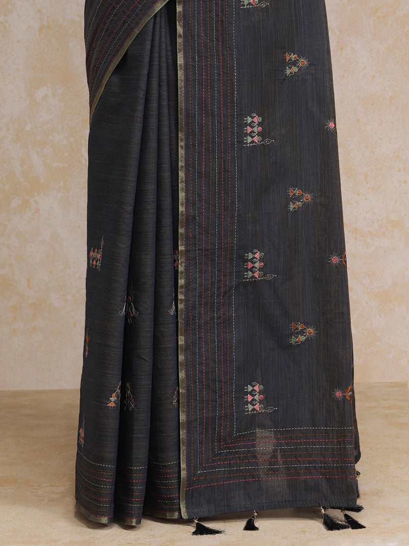 Stone Grey Kantha Embroidered Cotton Saree-Binks