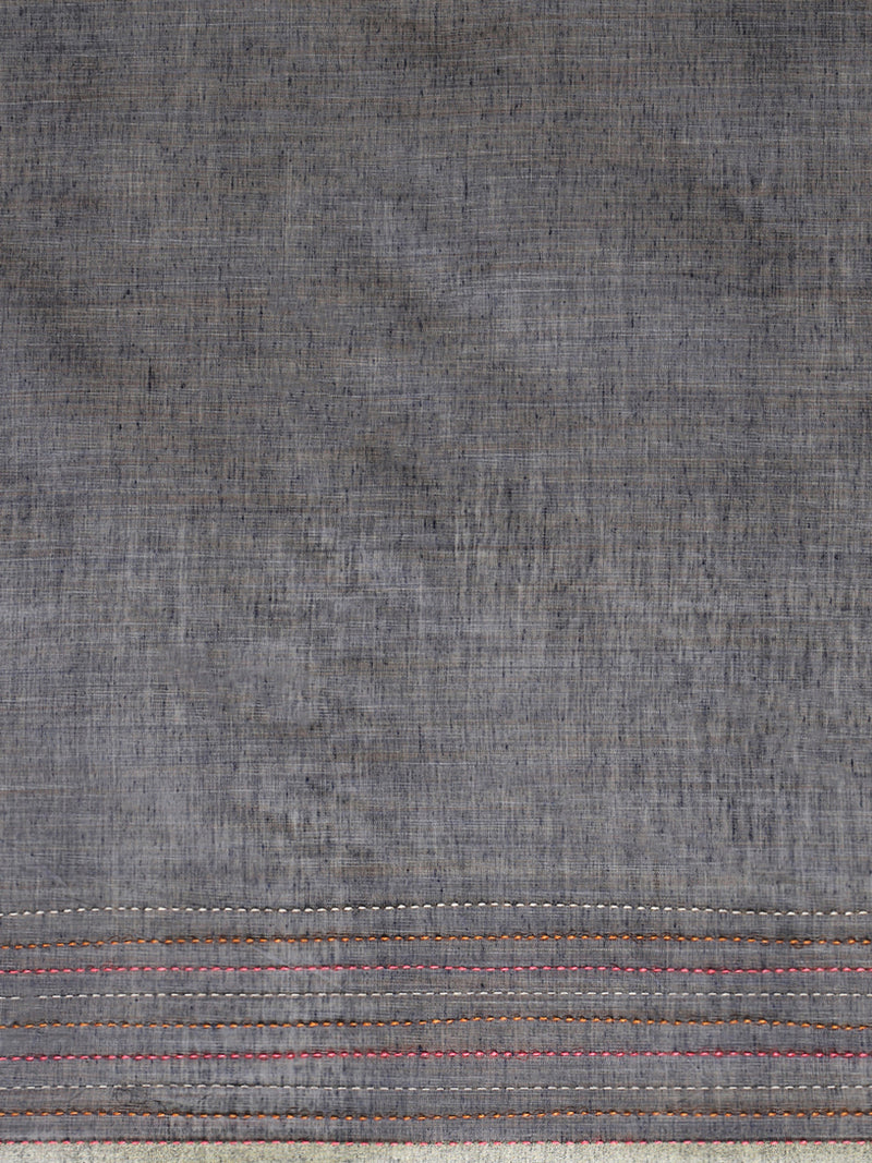Stone Grey Kantha Embroidered Cotton Saree-Binks